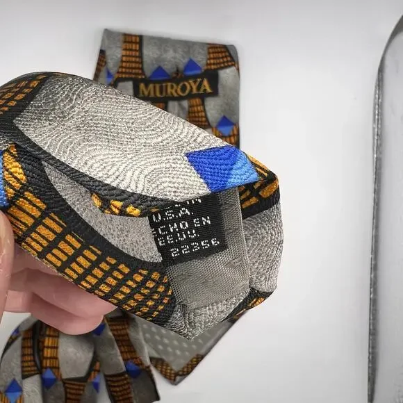 Muroya - Men’s Tie-58” Long-Gray Black Orange Modern Geometric Design - Silk-USA - Picture 7 of 7